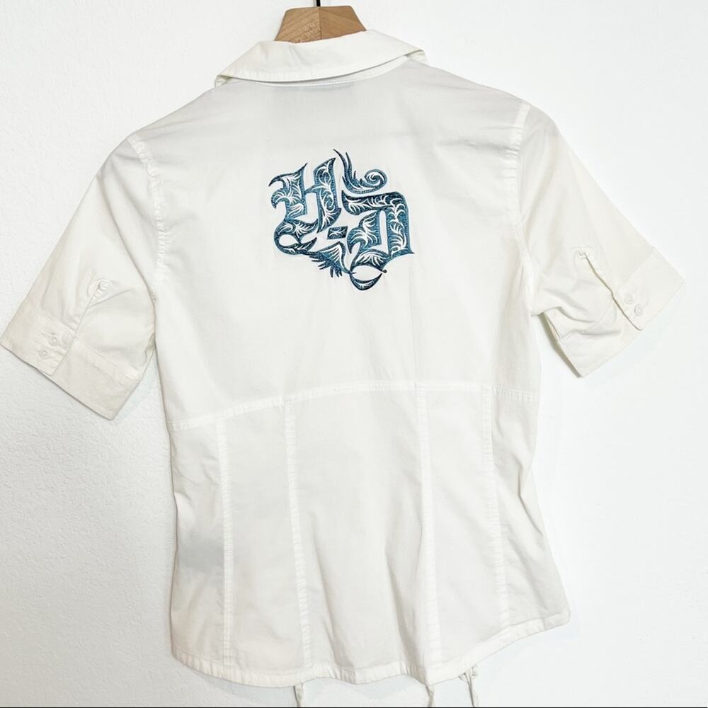 Harley Davidson Blue White Embroidered Women Short Sleeve Blouse Size Small - Picture 4 of 6